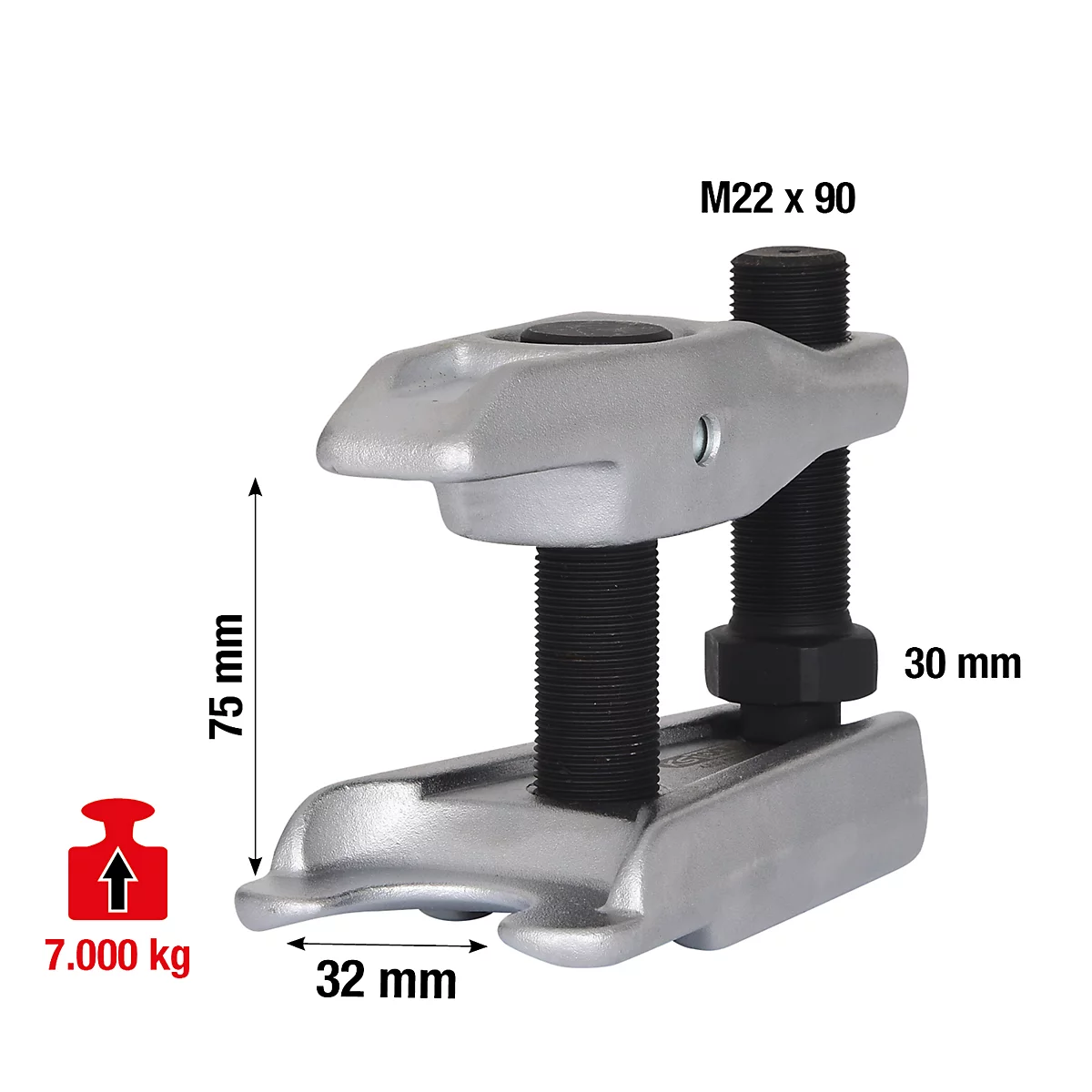 Ein silberfarbener Federspanner mit Abmessungen und Gewichtsangabe.